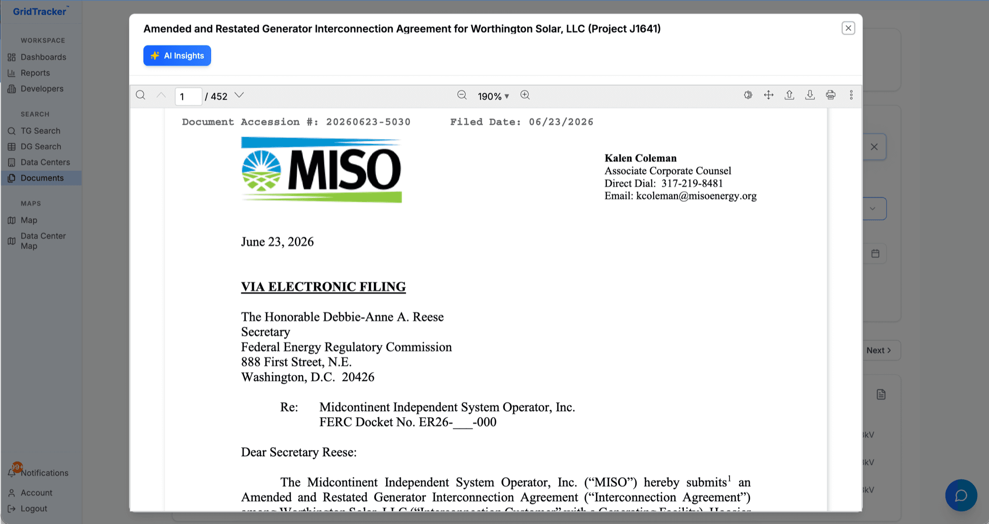 GridTracker document viewer showing a 452-page MISO generator interconnection agreement filing with an AI Insights button