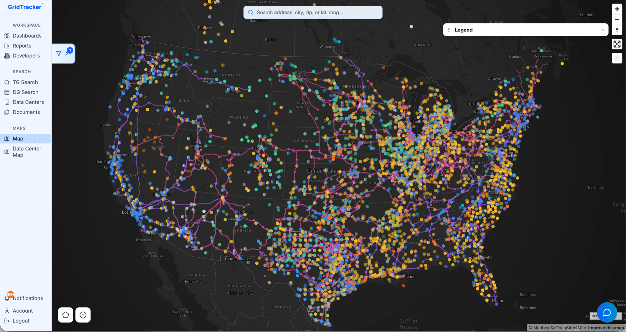 GridTracker map view: thousands of color-coded interconnection projects across the US with transmission lines and a project detail tooltip open